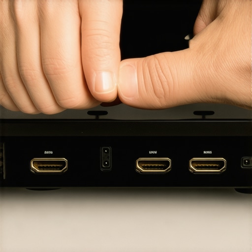 Optimizing Home Cinema Connections Person carefully configuring HDMI cables for optimal signal quality in home theater setup.