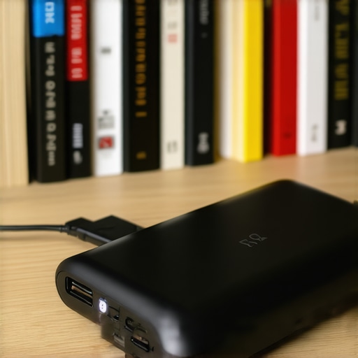 Streaming device powered by a portable USB power bank hidden behind a bookshelf