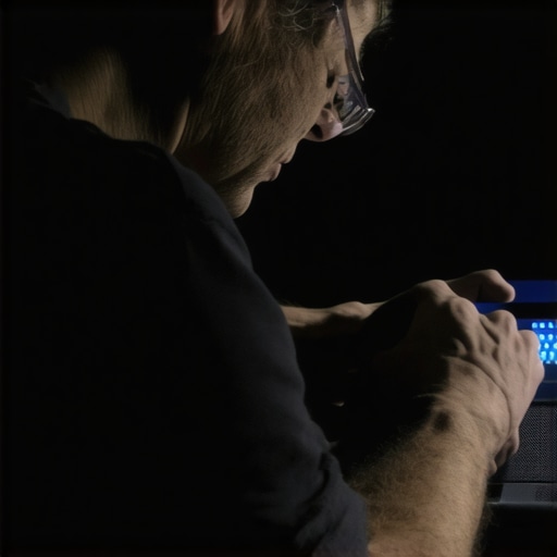 Technician adjusting projector settings with calibration tools in a dimly lit room.