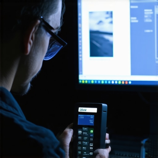 Technician calibrating a monitor with a colorimeter in a dimly lit environment.