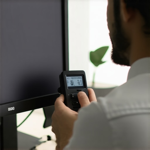 A technician calibrating a monitor with a colorimeter device in a home office.