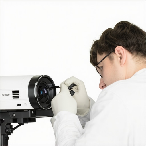 Technician carefully cleaning a projector lens with a microfiber cloth and specialized cleaning solution