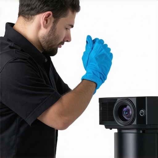 Proper Maintenance with Specialized Tools Technician carefully cleaning projector lens with microfiber cloth