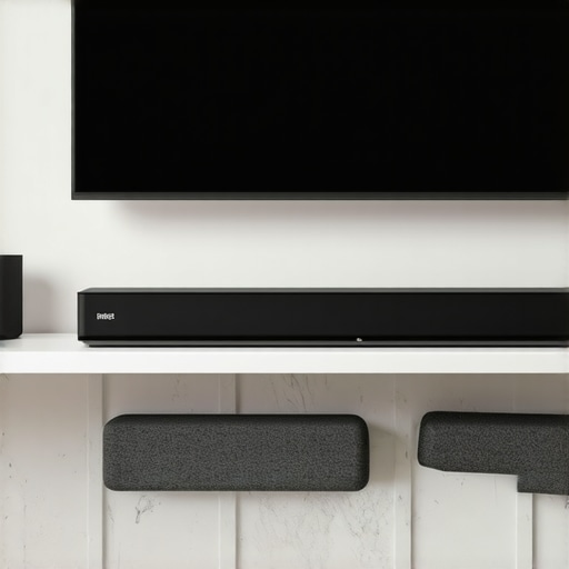 Soundbar positioned underneath a TV on a shelf, demonstrating ideal placement for optimal audio quality