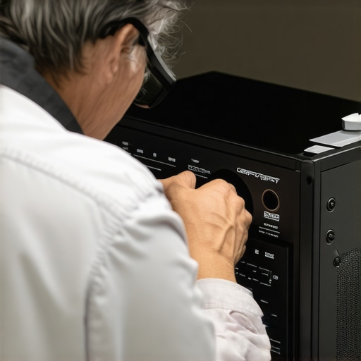 Technician adjusting a home theater receiver for optimal performance with calibration tools