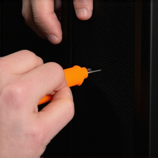 Person carefully prying off a vintage speaker grille with a plastic tool