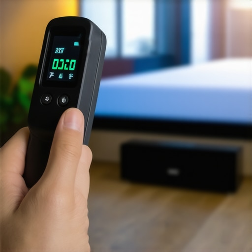 Person measuring projector temperature with infrared thermometer in a home theater.