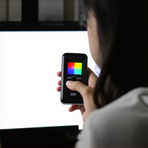 Using a Colorimeter for Precise Screen Calibration Person adjusting monitor calibration with a colorimeter device.