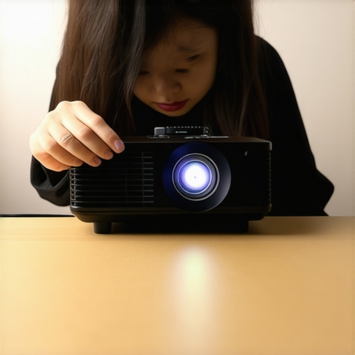 Person adjusting projector focus using cardboard as a reference in a home theater setup.