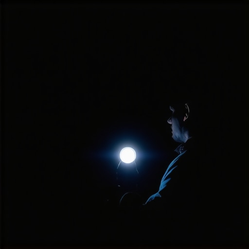 Person holding a flashlight against a TV screen in darkness to check for panel flaws.