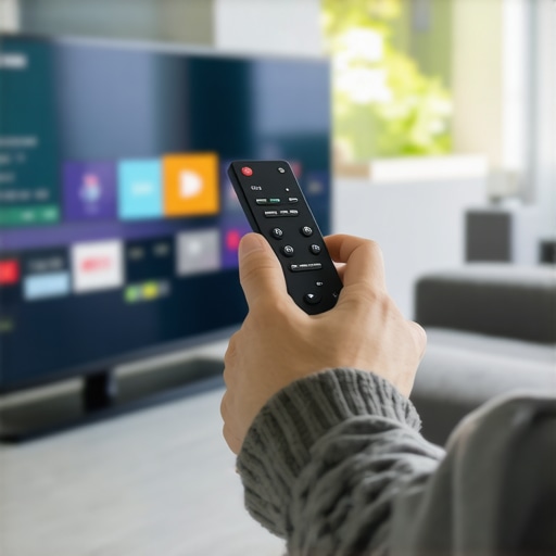 Person navigating TV settings on a sleek smart TV in a bright living room.