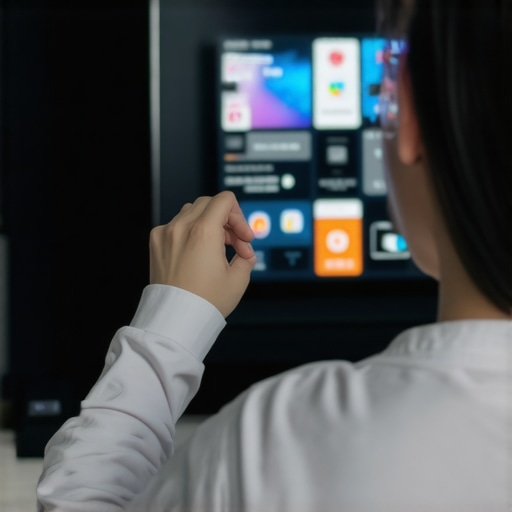Person configuring privacy options on a smart TV in a cozy living room.