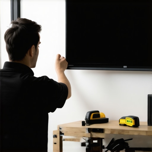 Aligning TV for ergonomic comfort Person measuring and leveling a flat-screen TV on the wall