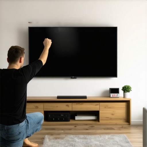 Person using a level tool to mount a flat-screen TV precisely on the wall.
