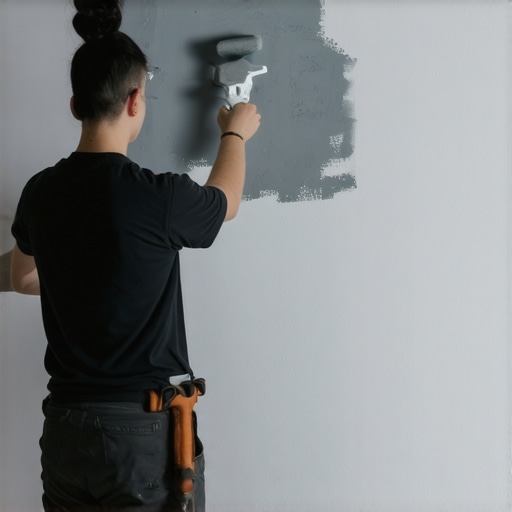 Applying matte paint to a wall for projector screen enhancement Person applying matte gray wall paint with a roller in a home setting.