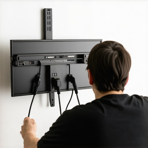 Person securing cables with conduit and clips behind a wall-mounted television.