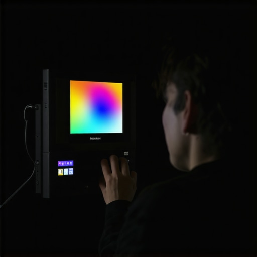 Calibrating Your Display for True Colors Person holding a color calibration device in front of a professional monitor in a dimly lit room