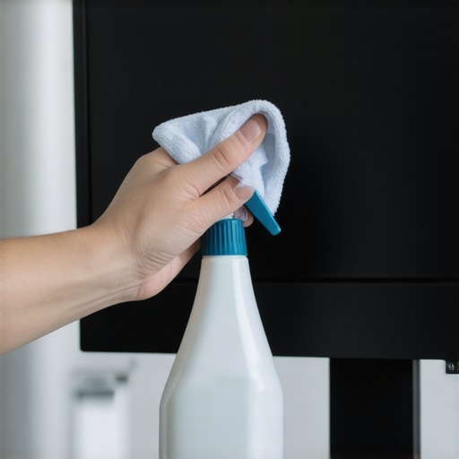 Person using microfiber cloth and spray to clean a computer monitor in a tidy workspace
