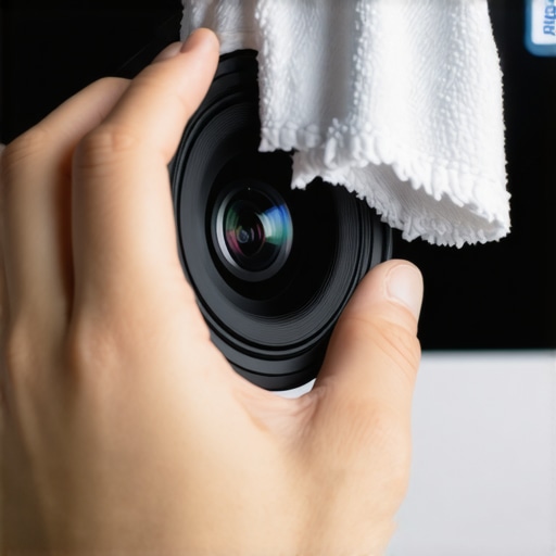 Person cleaning projector lens with microfiber cloth and optical cleaner.