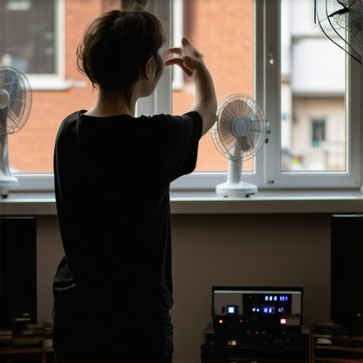 Person ventilating a living room with open windows and fans around electronics