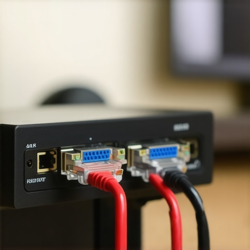 Close-up shot of Ethernet cables plugged into a router and media players in a home entertainment setup.