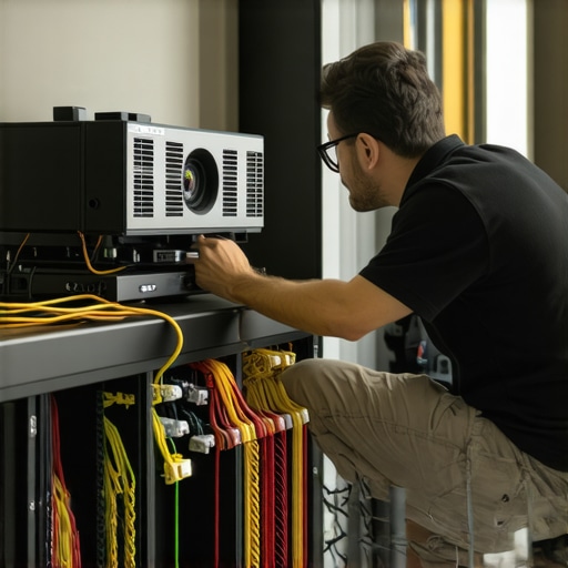 Expert calibration for home cinema Technician using calibration tools on a home projector to ensure top image quality