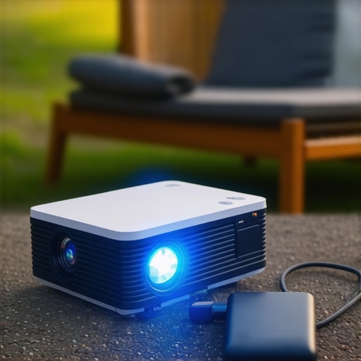 Portable projector powered by an external battery in an outdoor movie setup