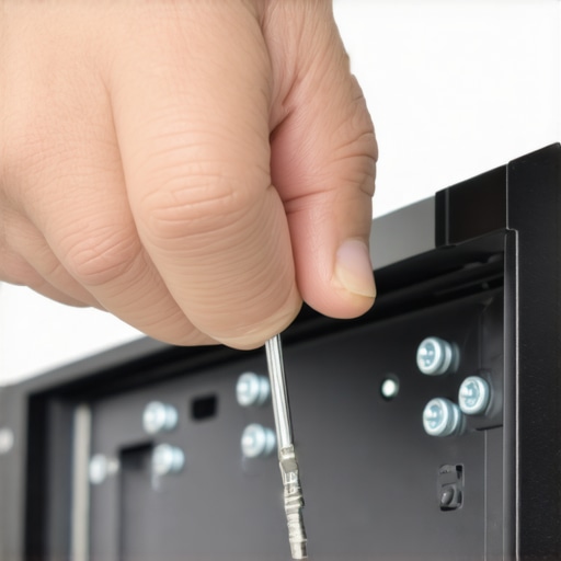 Person tightening screws to stabilize monitor mount