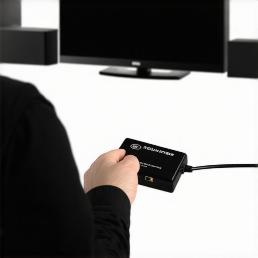 HDMI Cable Tester in Use Person testing HDMI cable with a professional tester for home theater setup