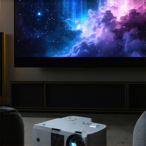 High-End Home Cinema Setup A detailed view of a sophisticated home cinema with projector and large screen in a dark room.