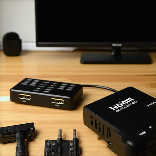 Close-up of HDMI tester and calibration device used for maintaining home theater equipment