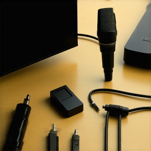 Person calibrating a TV screen with a calibration microphone and tools for optimal picture quality.