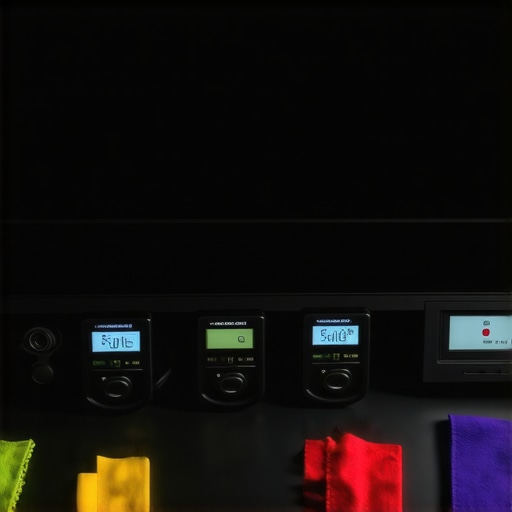 Home Theater Calibration Tools Calibration devices and cleaning tools for home theater displays on a desk.