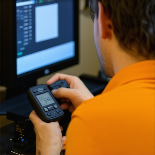Home Theater Calibration Tools in Action Technician adjusting audio and video settings with professional calibration devices.