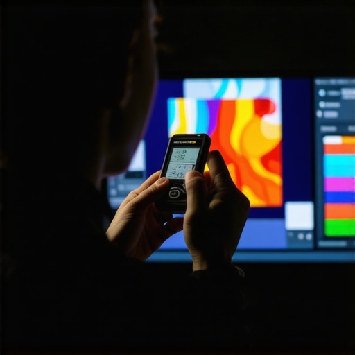 Home Theater Calibration with Colorimeter Person using a colorimeter to calibrate a home theater monitor in a dark room.