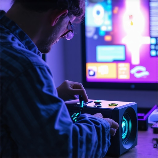 Home Theater Maintenance Setup Technician adjusting a home projector in a dark room for optimal performance