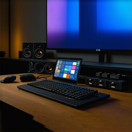 Home Theater Maintenance Tools A workspace with calibration devices, cables, and cleaning supplies for home theater maintenance.