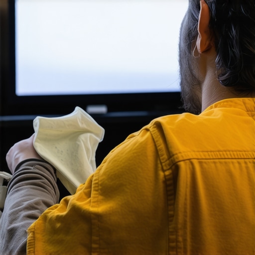 Home Theater Maintenance Person cleaning a projector lens with a microfiber cloth, highlighting maintenance practices