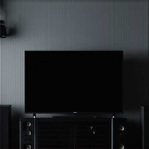 Home Theater Setup with Streaming Devices and Surround Sound A sleek and organized home entertainment area showcasing a large screen, surround speakers, and streaming gear.