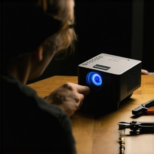A person adjusting projector settings for optimal image quality in a home theater