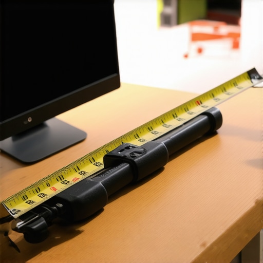 Person measuring desk space from their eyes to monitor with tape measure, ergonomic workspace setup