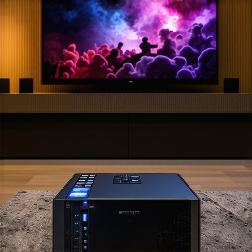 Modern Home Cinema Setup Highlighting Equipment A stylish home cinema room with projector and surround sound system
