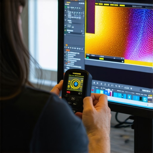 Monitor Calibration with a Colorimeter Person using a colorimeter to calibrate a computer monitor, illuminating the screen