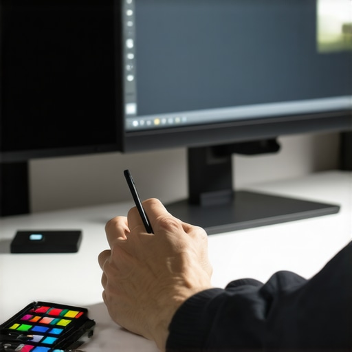 A person adjusting monitor settings using calibration tools.
