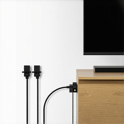 Cable management behind a modern flat-screen TV with concealed wires and clips