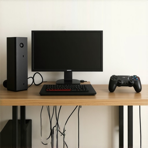 Optimal Gaming Setup for Reduced Screen Tearing A neat gaming desk with a mounted monitor, HDMI cables, and a gaming console placed on a stable surface.