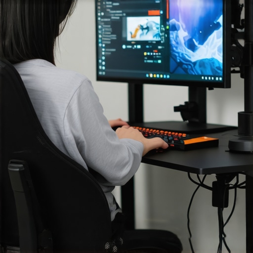 Optimized Gaming Desk Setup A person tweaking their gaming desk with ergonomic adjustments and cable management