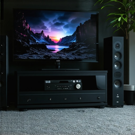 A well-calibrated home cinema setup with ambient lighting, sound speakers, and a sleek TV.