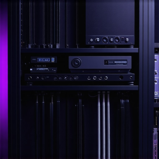 Optimized Home Theater Setup A clean and organized home theater system with calibration tools and properly managed cables.