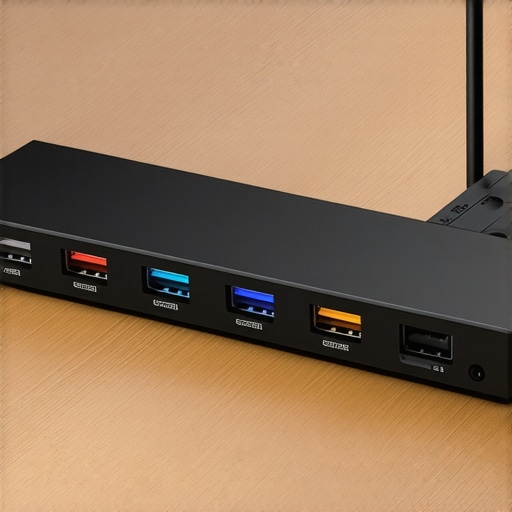 A tidy workspace featuring a powered USB hub connected to various peripherals.